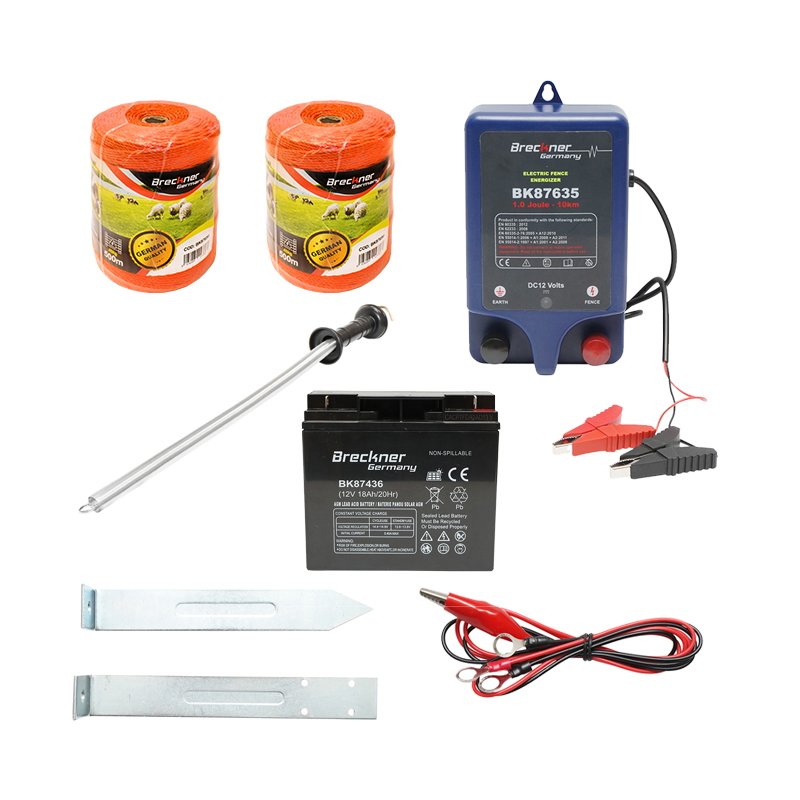 Kit complet gard electric 12V, 1 Joule, baterie 12V/17 Ah, lungime fir 1000m, 100 izolatori, kit poarta Breckner Germany